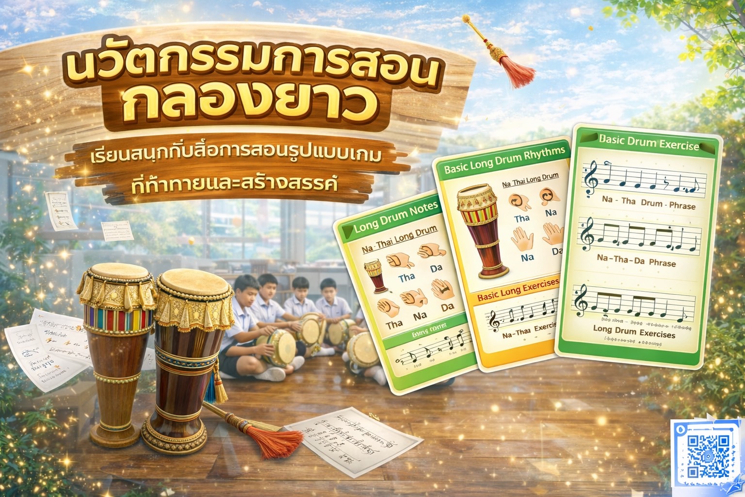 ภาพ การเรียนรู้กลองยาวผ่านบัตรภารกิจจังหวะ